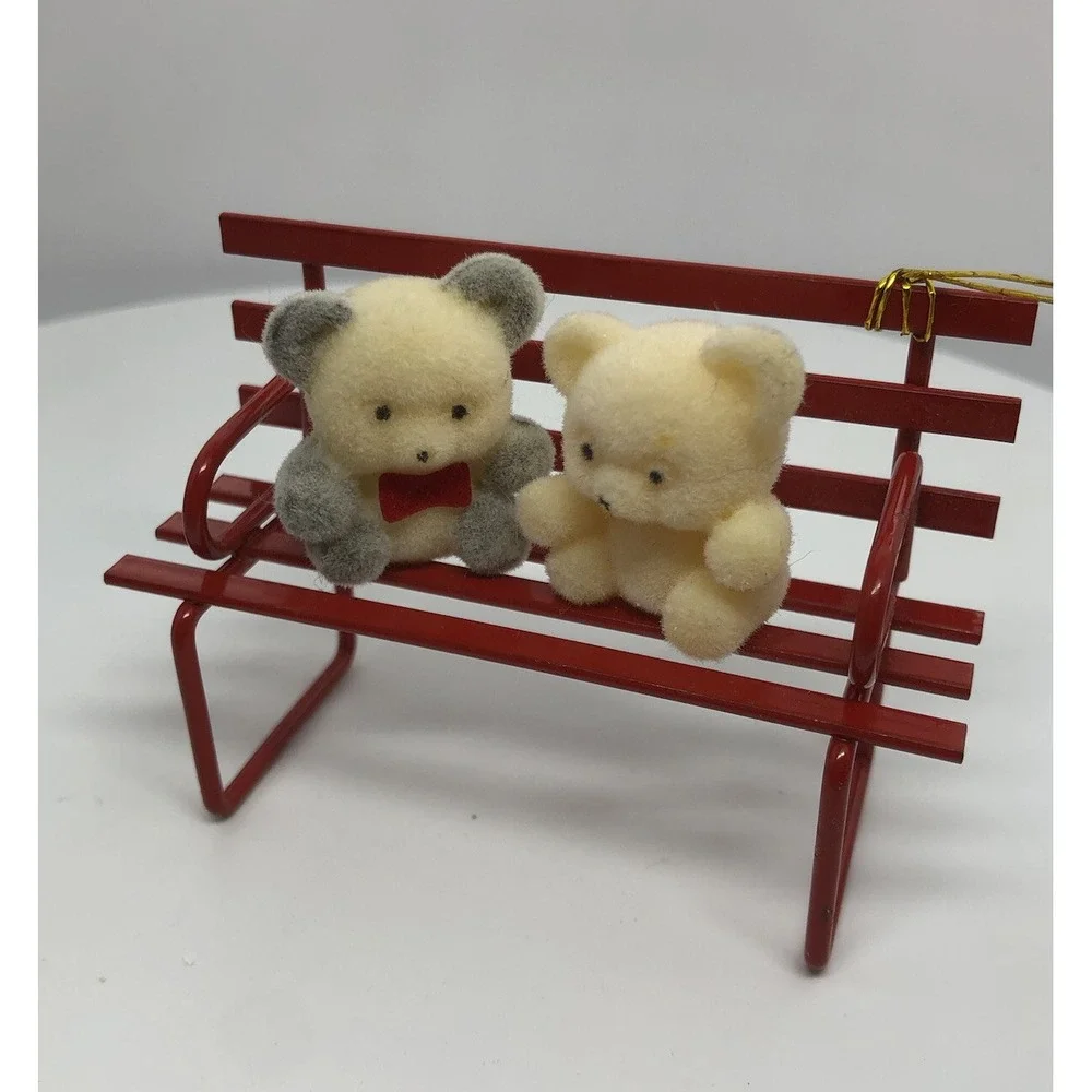 Vintage Russ Berrie & Co Red Metal Bench with 2 Bears Christmas‎ Ornament